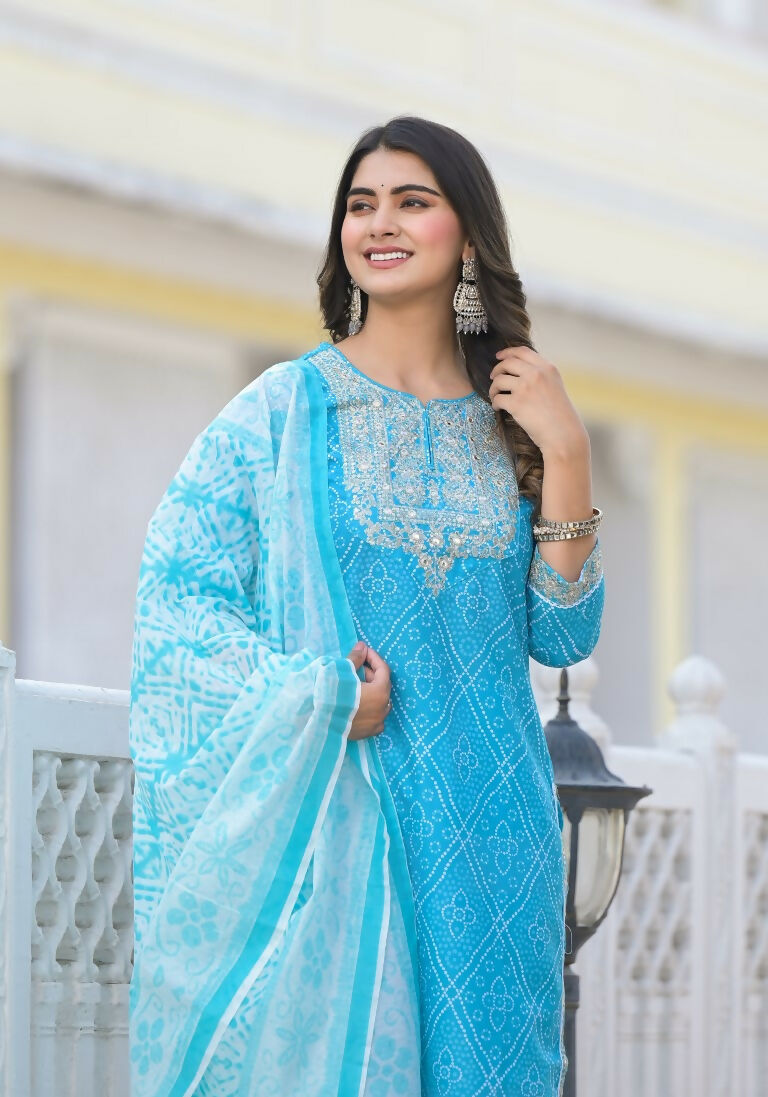 Partywear Designer sky blue cotton Stitched Suit With Dupatta - Tanisha - Distacart