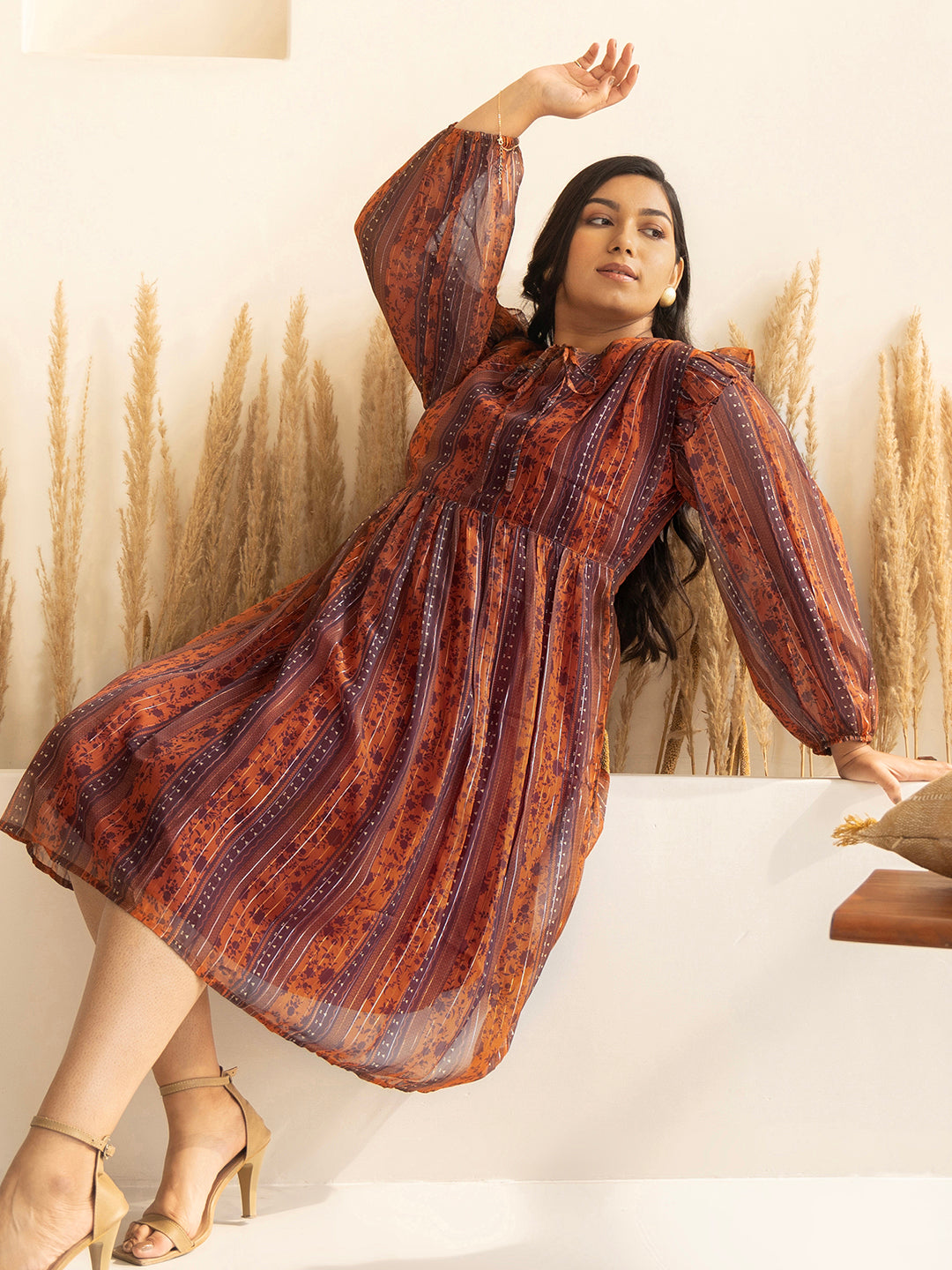 Janasya Rust Chiffon Lurex Floral Printed Casual Dress