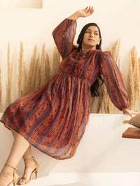 Thumbnail for Janasya Rust Chiffon Lurex Floral Printed Casual Dress