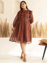 Thumbnail for Janasya Rust Chiffon Lurex Floral Printed Casual Dress