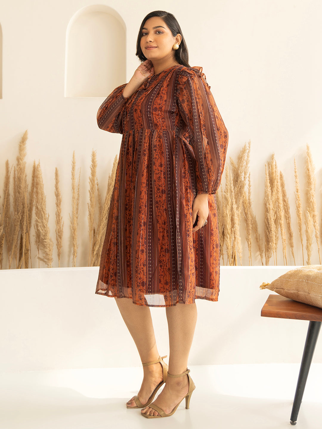 Janasya Rust Chiffon Lurex Floral Printed Casual Dress