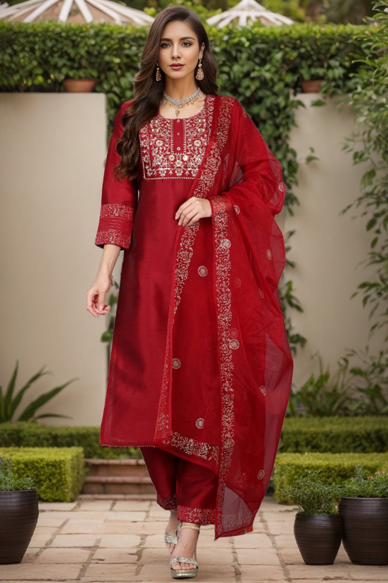 Ahika Maroon Silk Blend Yoke Design Kurta Trouser With Dupatta