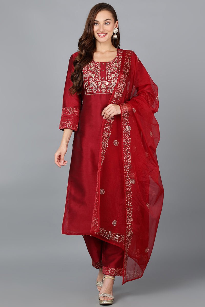 Ahika Maroon Silk Blend Yoke Design Kurta Trouser With Dupatta