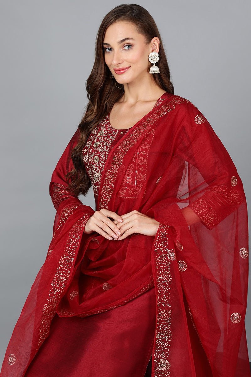 Ahika Maroon Silk Blend Yoke Design Kurta Trouser With Dupatta