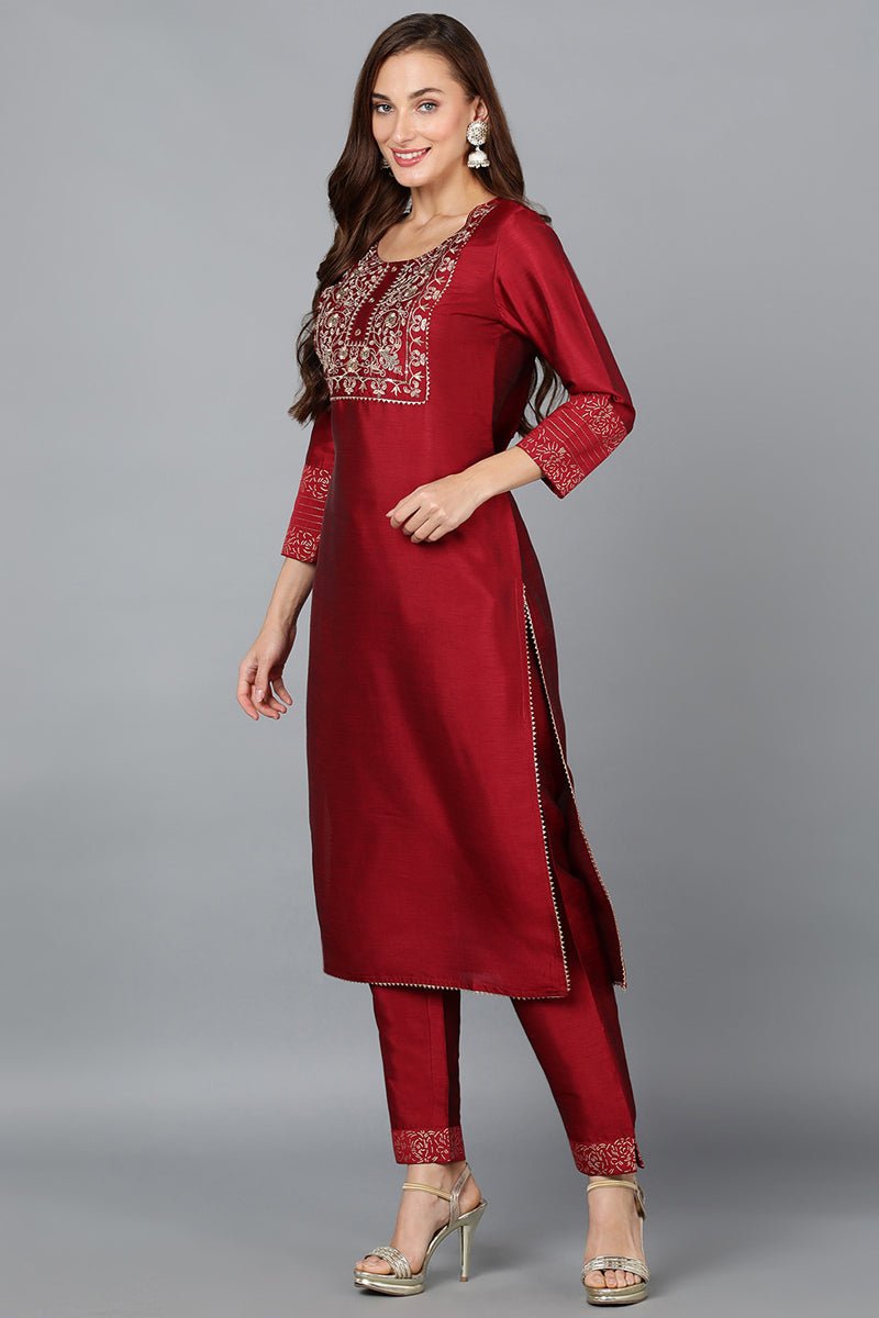 Ahika Maroon Silk Blend Yoke Design Kurta Trouser With Dupatta