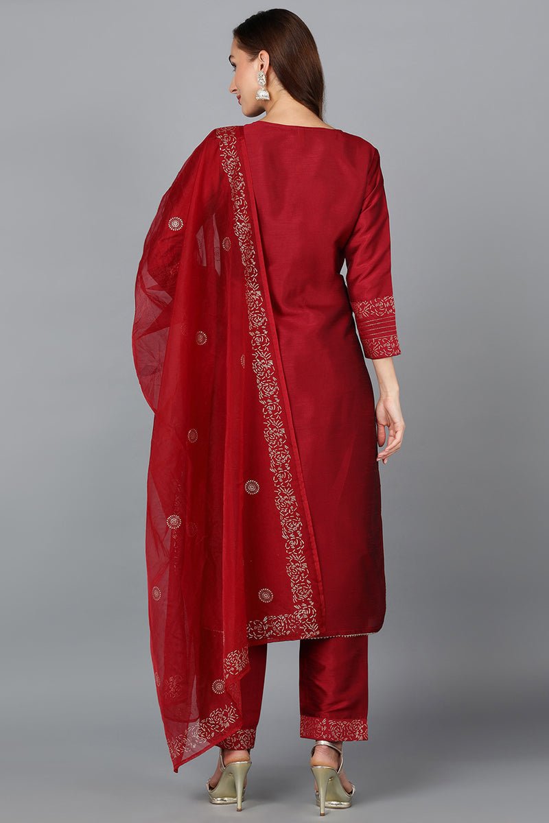 Ahika Maroon Silk Blend Yoke Design Kurta Trouser With Dupatta