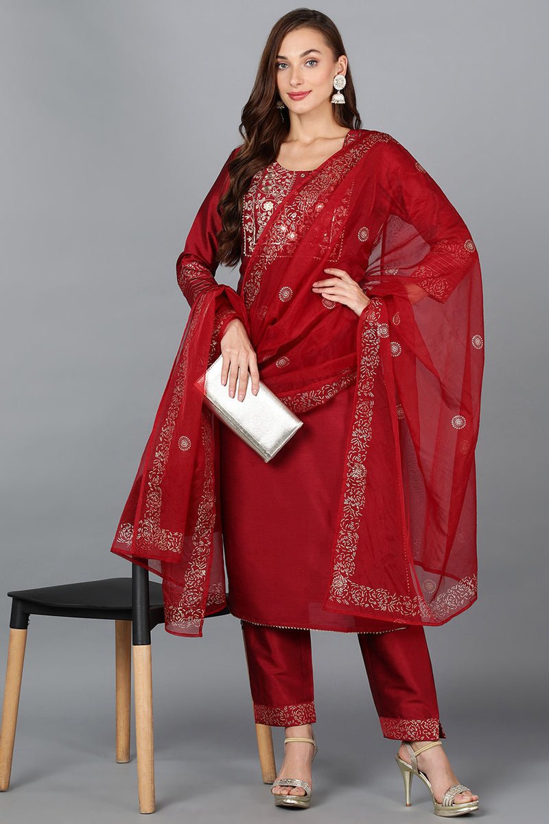 Ahika Maroon Silk Blend Yoke Design Kurta Trouser With Dupatta