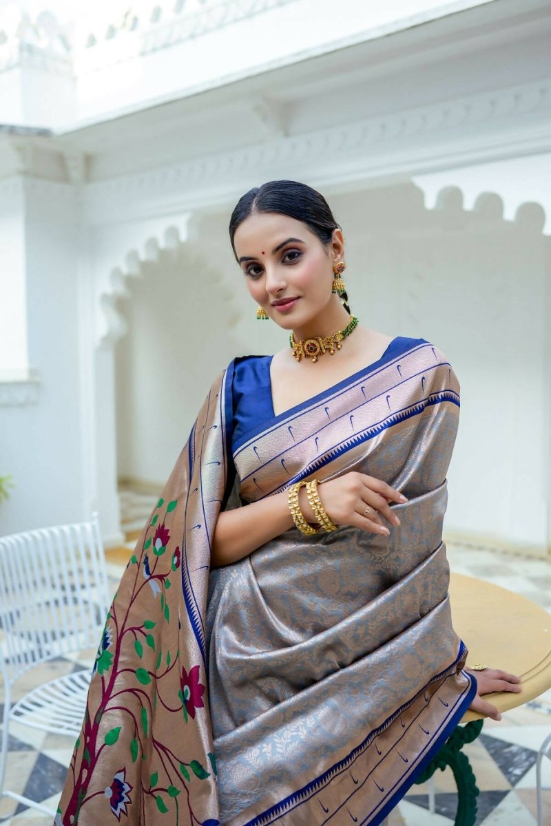 Aastha Fashion Grey Woven Kanjivaram Silk Saree with Blouse - Distacart