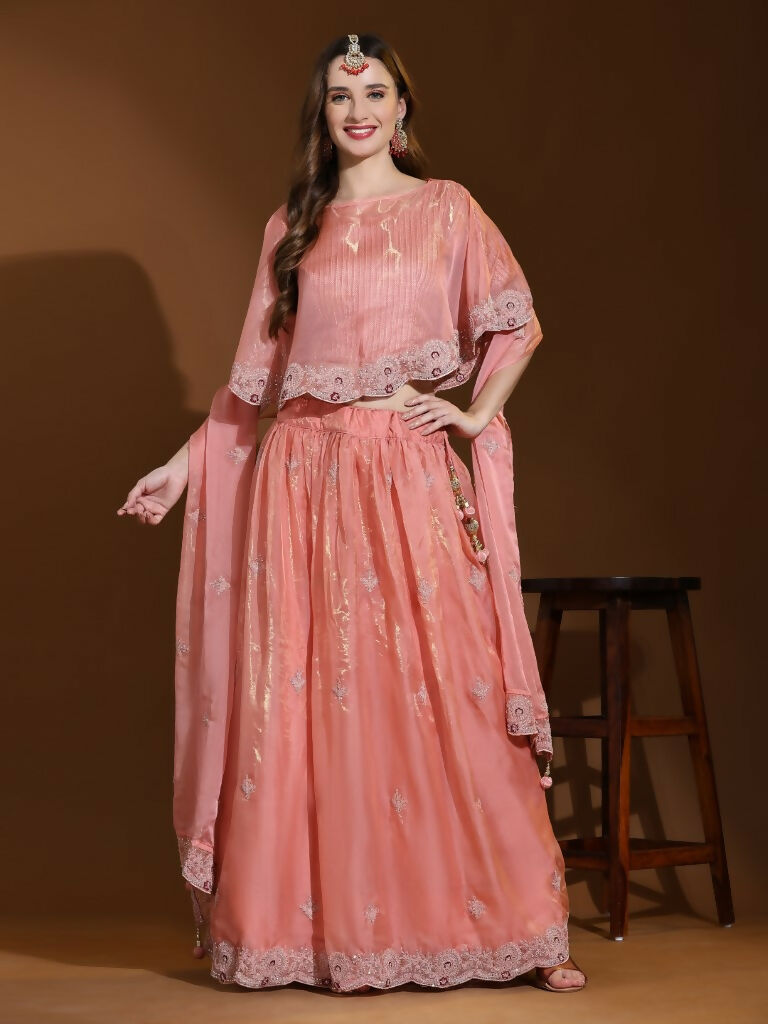 Peach Silk Embroidered Poncho Pattern Top & Lehenga with Dupatta - Tanya - Distacart