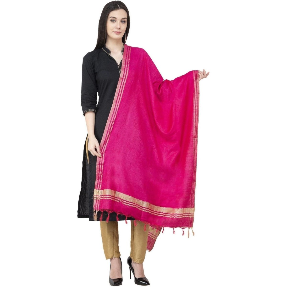 A R SILK Golden Border Regular Dupatta Dark Pink Color Dupatta or Chunni