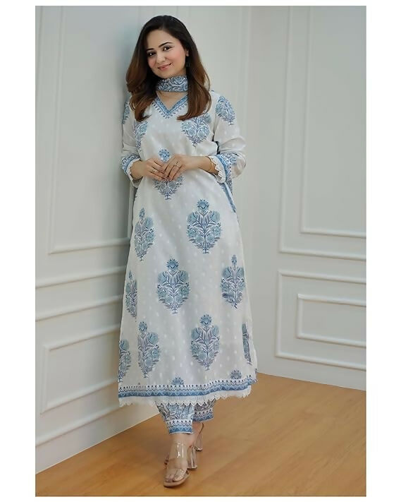 Indian Fashion Women Blue and white Printed Viscose Rayon Kurta, Pant And Dupatta Set