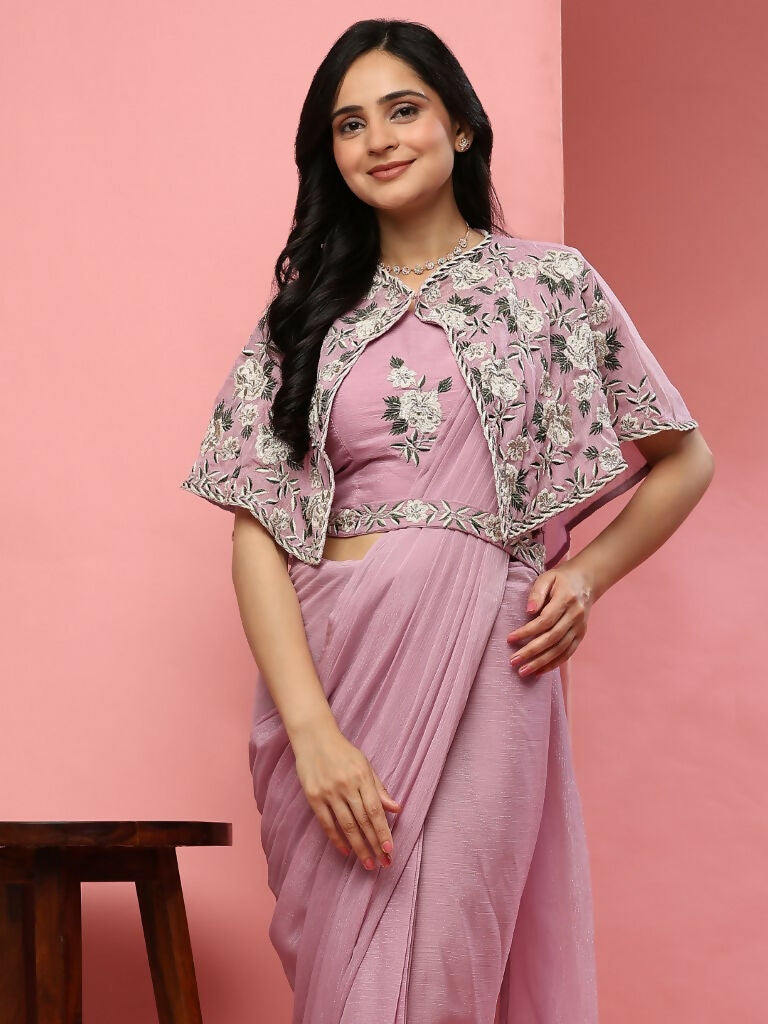 Pink Chiffon Solid Ready to wear Saree with stitched Blouse - Aayan - Distacart