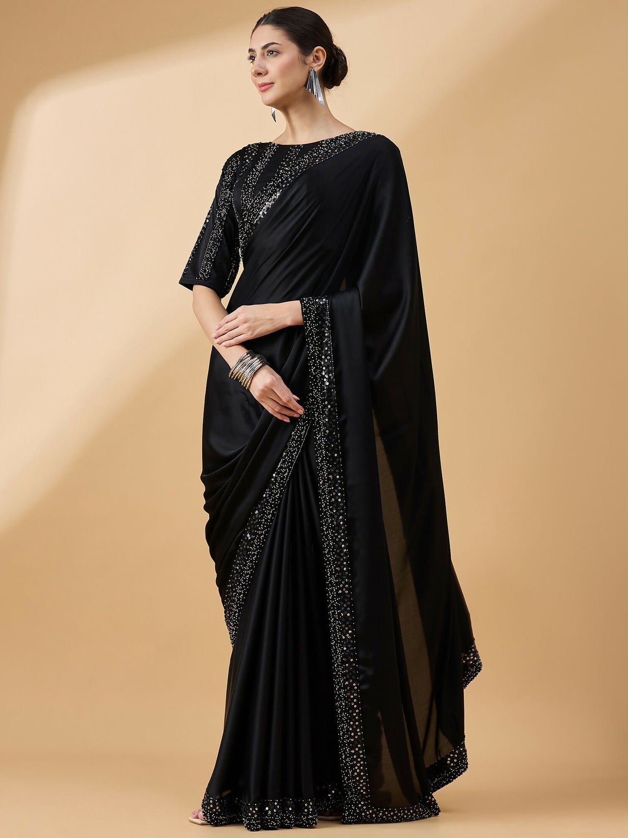 Black Satin Solid Sequence Work Saree with Stitched Blouse - Dharavi - Distacart