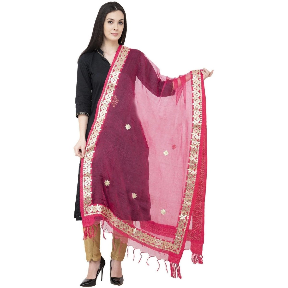 A R SILK Orgenza Gota patti Fancy Dupatta Gajari Color Dupatta or Chunni