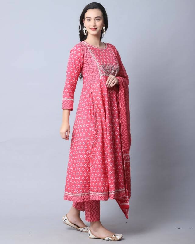 Aastha Fashion Women's Pink Cotton Embroidered Kurta with Trouser & Dupatta - Distacart