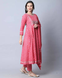 Thumbnail for Aastha Fashion Women's Pink Cotton Embroidered Kurta with Trouser & Dupatta - Distacart