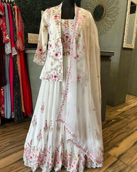 Thumbnail for Preksha Creation Fancy Western Style Chinon Multi Threads Sequence Work Blazer/Koti, Tube Choli With Heavy Flair Sarara & Dupatta - White