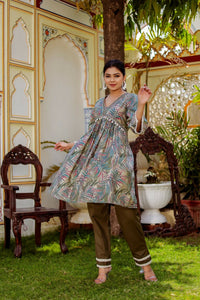 Thumbnail for Vaasva Women Olive Green Muslin Floral Print Alia cut Kurta & Pant (Cord set) - Distacart