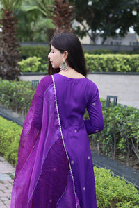 Thumbnail for Malishka Women's Viscose Embroidered Angarkha Kurta Pant With Dupatta - Purple