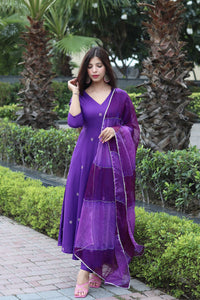 Thumbnail for Malishka Women's Viscose Embroidered Angarkha Kurta Pant With Dupatta - Purple