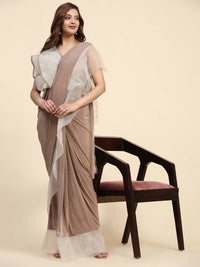 Thumbnail for Light Brown Lycra Solid Ready to Wear Saree with stitched Blouse - Nita - Distacart