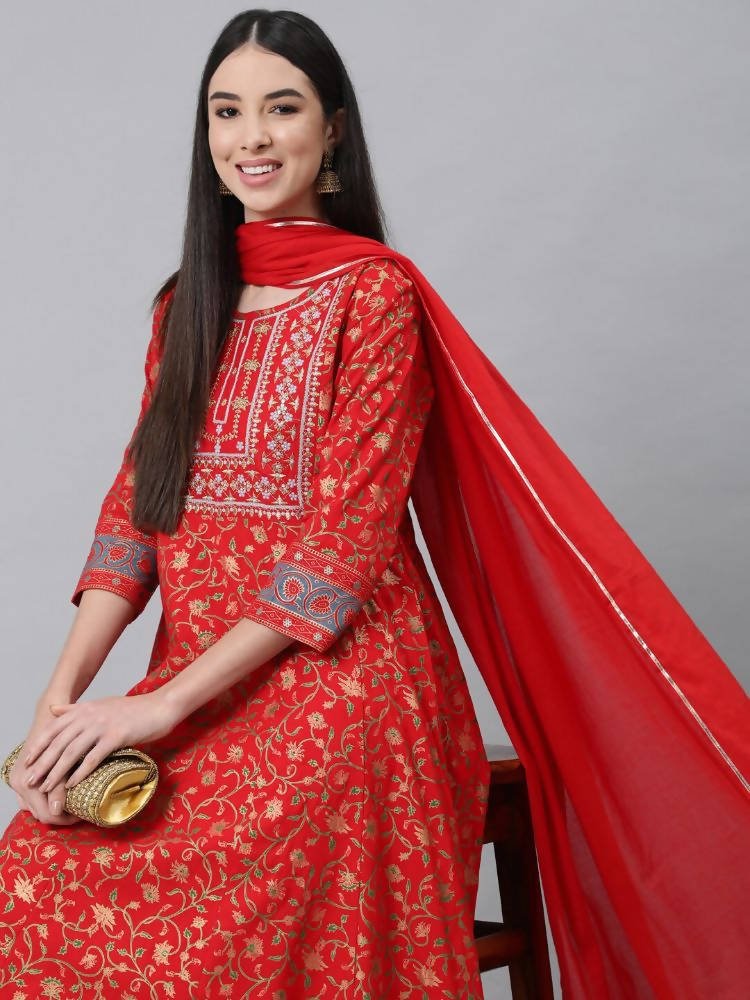 Anubhutee Red Ethnic Motifs Printed Empire Pure Cotton Kurta with Trousers & With Dupatta - Distacart