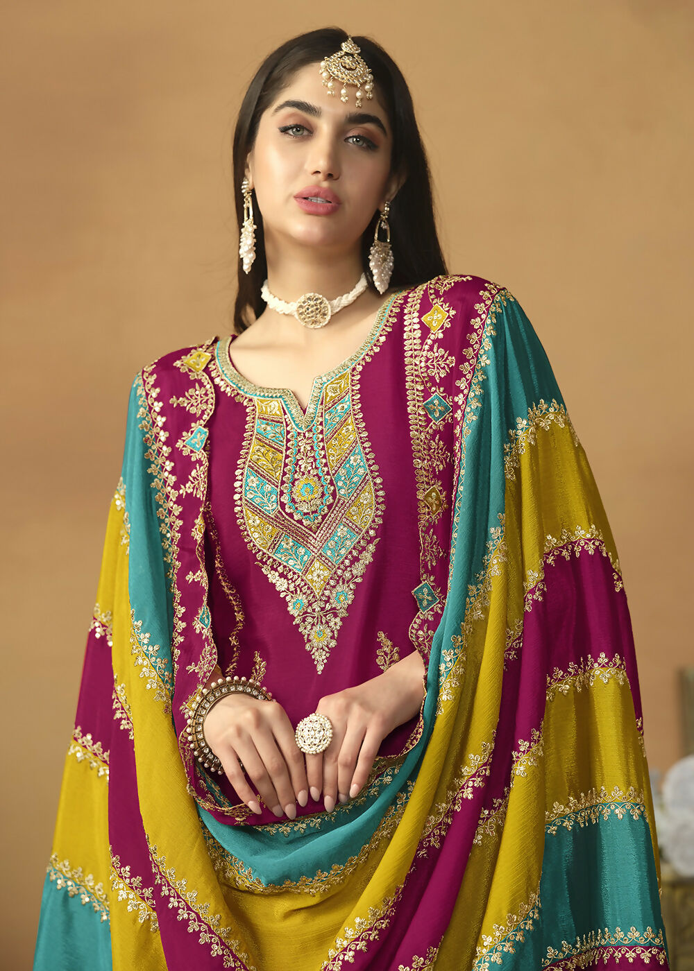 Chinnon Silk Pink Salwar Suit with Multicolor Dupatta - Emponline - Distacart