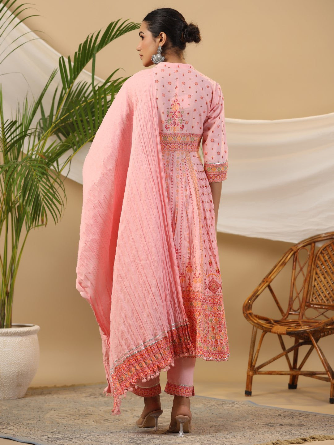 Juniper Peach Cotton Tribal Print Crushed Anarkali Kurta With Pant & Dupatta Set With Kantha Work & Button