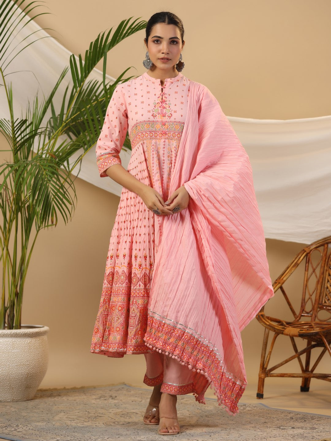 Juniper Peach Cotton Tribal Print Crushed Anarkali Kurta With Pant & Dupatta Set With Kantha Work & Button