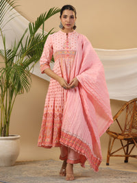 Thumbnail for Juniper Peach Cotton Tribal Print Crushed Anarkali Kurta With Pant & Dupatta Set With Kantha Work & Button