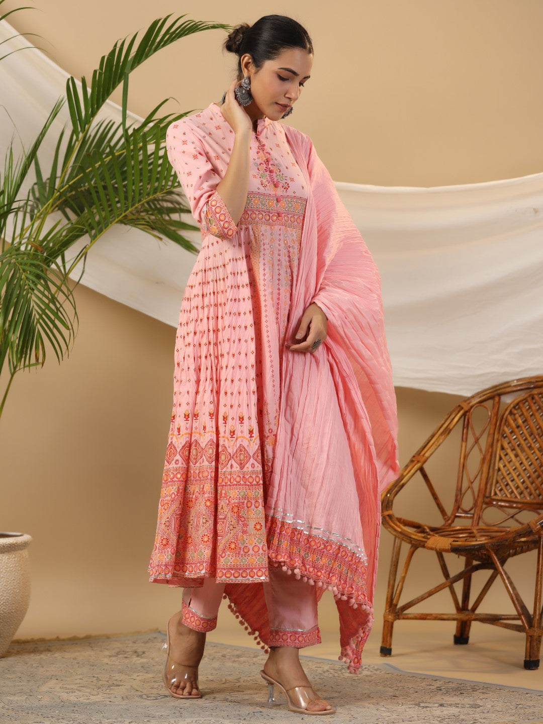 Juniper Peach Cotton Tribal Print Crushed Anarkali Kurta With Pant & Dupatta Set With Kantha Work & Button