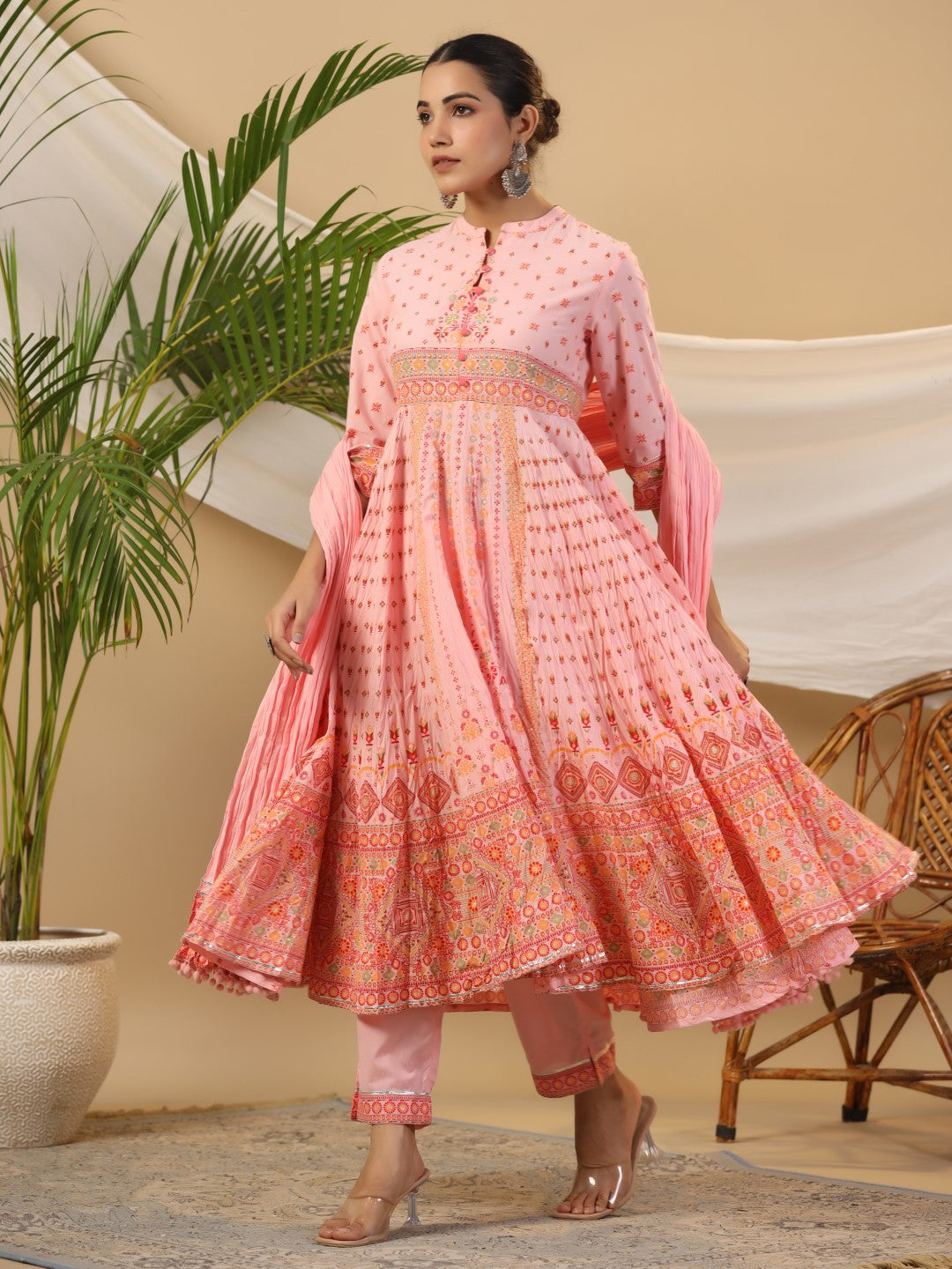 Juniper Peach Cotton Tribal Print Crushed Anarkali Kurta With Pant & Dupatta Set With Kantha Work & Button