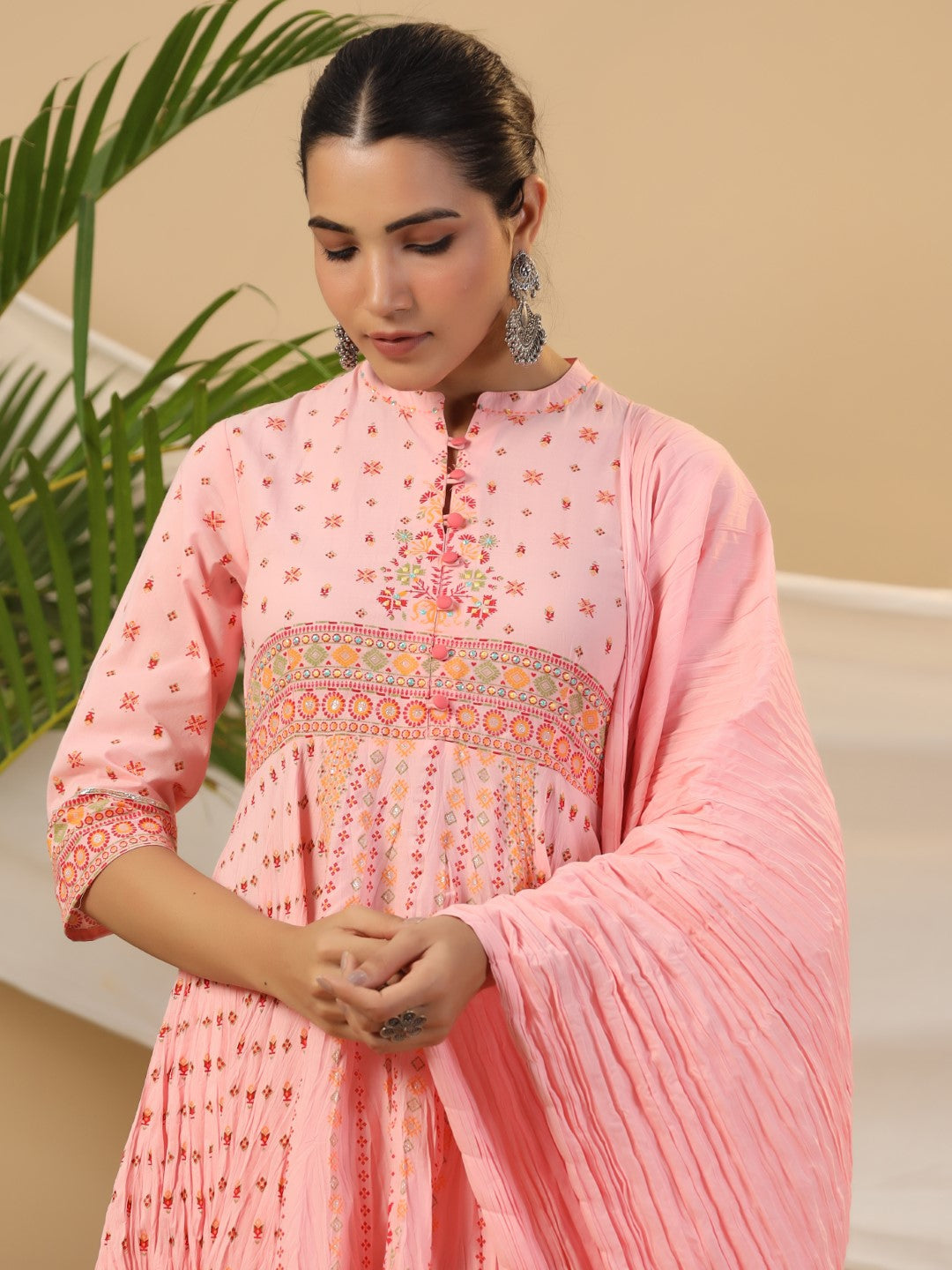 Juniper Peach Cotton Tribal Print Crushed Anarkali Kurta With Pant & Dupatta Set With Kantha Work & Button