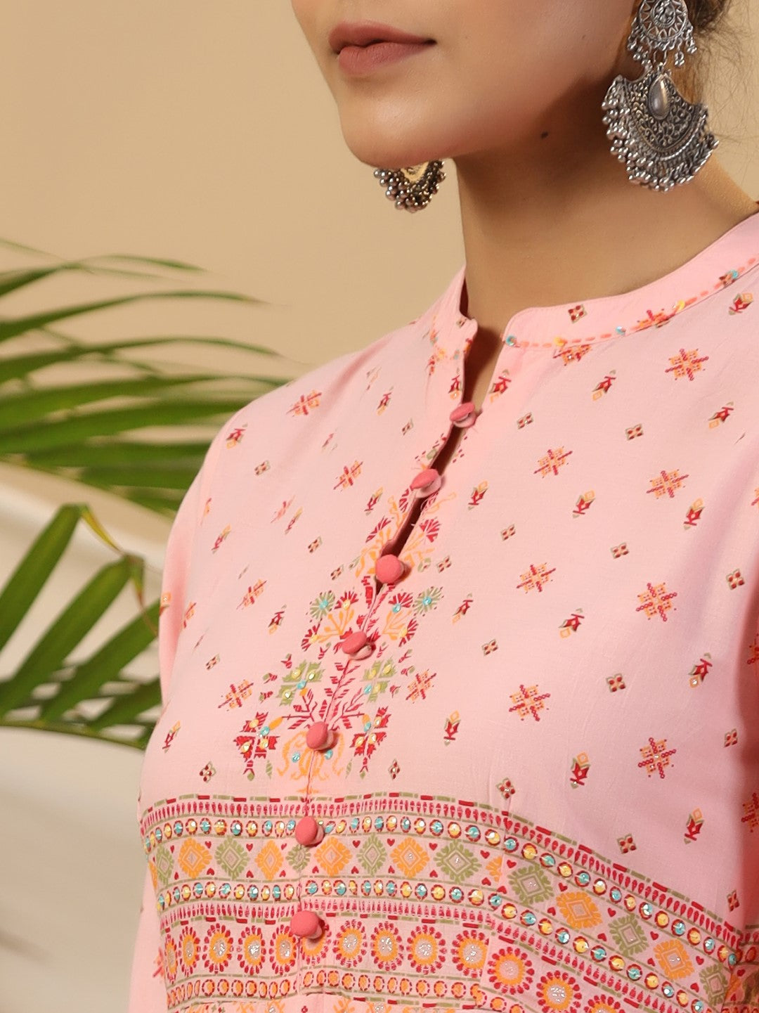 Juniper Peach Cotton Tribal Print Crushed Anarkali Kurta With Pant & Dupatta Set With Kantha Work & Button