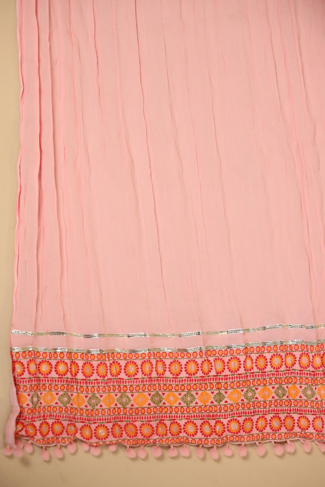 Juniper Peach Cotton Tribal Print Crushed Anarkali Kurta With Pant & Dupatta Set With Kantha Work & Button