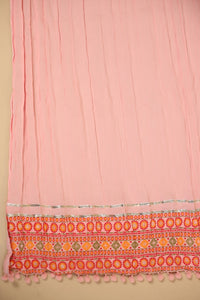 Thumbnail for Juniper Peach Cotton Tribal Print Crushed Anarkali Kurta With Pant & Dupatta Set With Kantha Work & Button