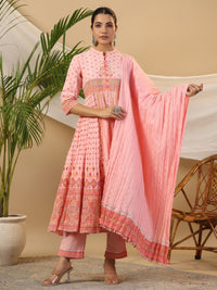 Thumbnail for Juniper Peach Cotton Tribal Print Crushed Anarkali Kurta With Pant & Dupatta Set With Kantha Work & Button