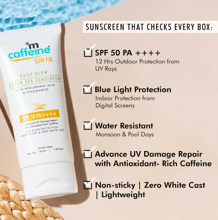 mCaffeine Sun Fix Daily Glow Green Tea Sunscreen SPF 50 PA++++ with Niacinamide, Lightweight & No White Cast