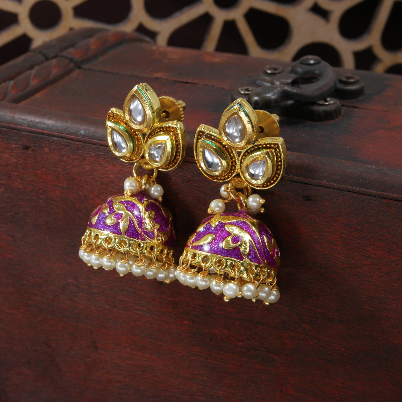 18k Gold Plated Meena Work Pearl Studded Jhumki Earring For Women - Wahe Jewels