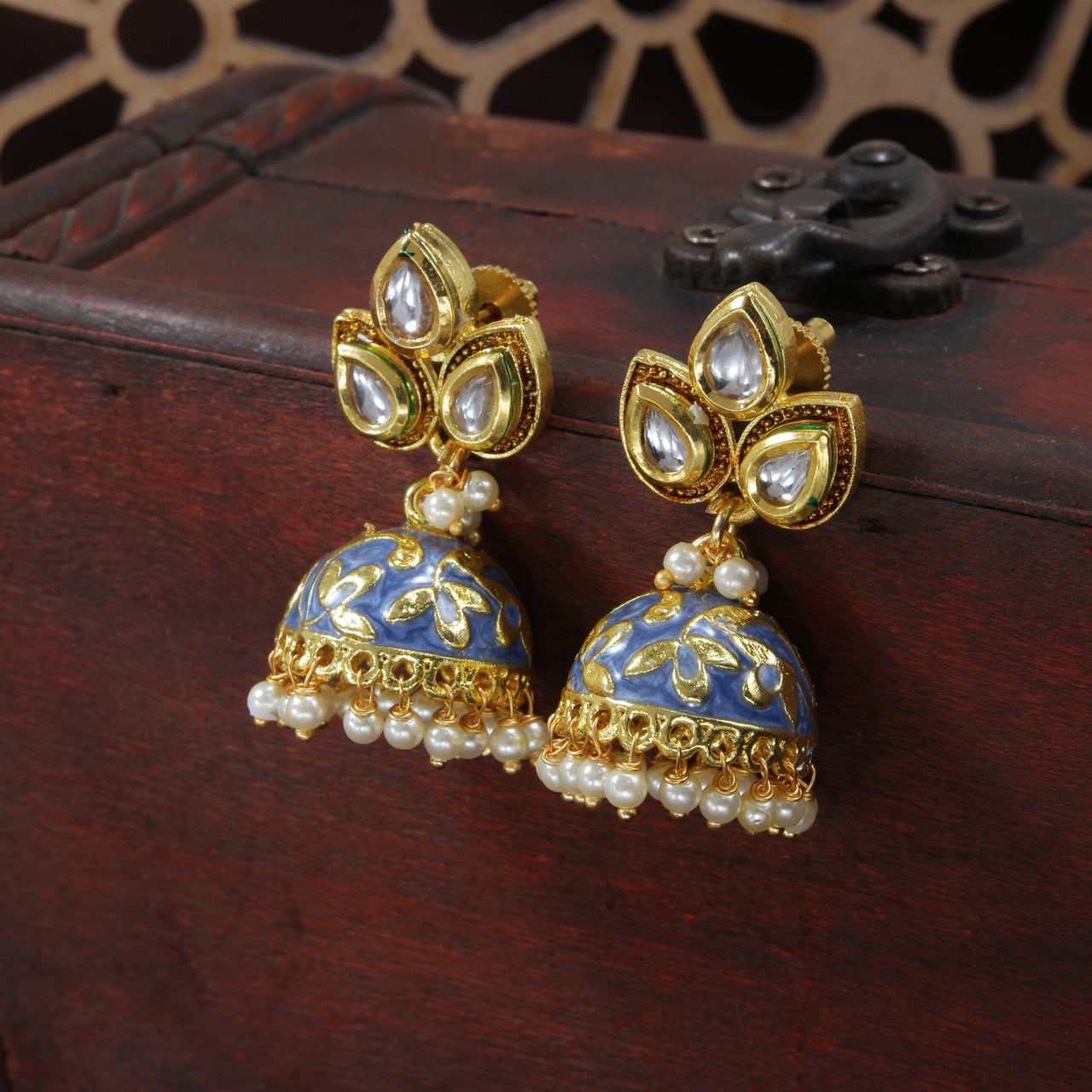 18k Gold Plated Meena Work Pearl Studded Jhumki Earring For Women - Wahe Jewels