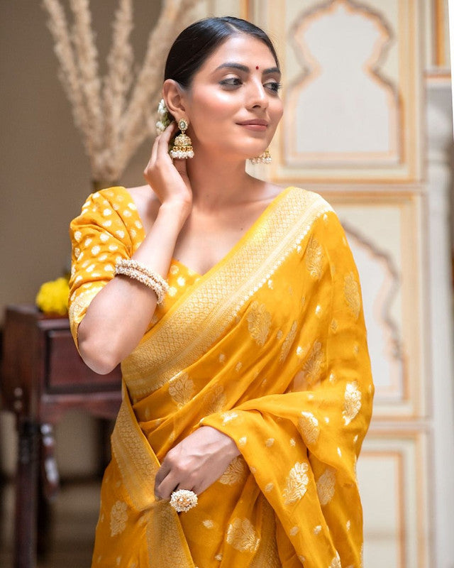 Malishka Cotton Silk Jacquard Rich Pallu Saree With Blouse Piece - Yellow - Distacart