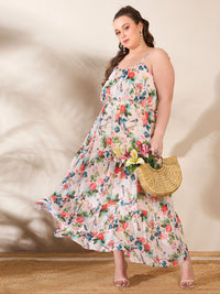 Thumbnail for Lyush Women Beige Floral Strappy Tired Maxi Dress