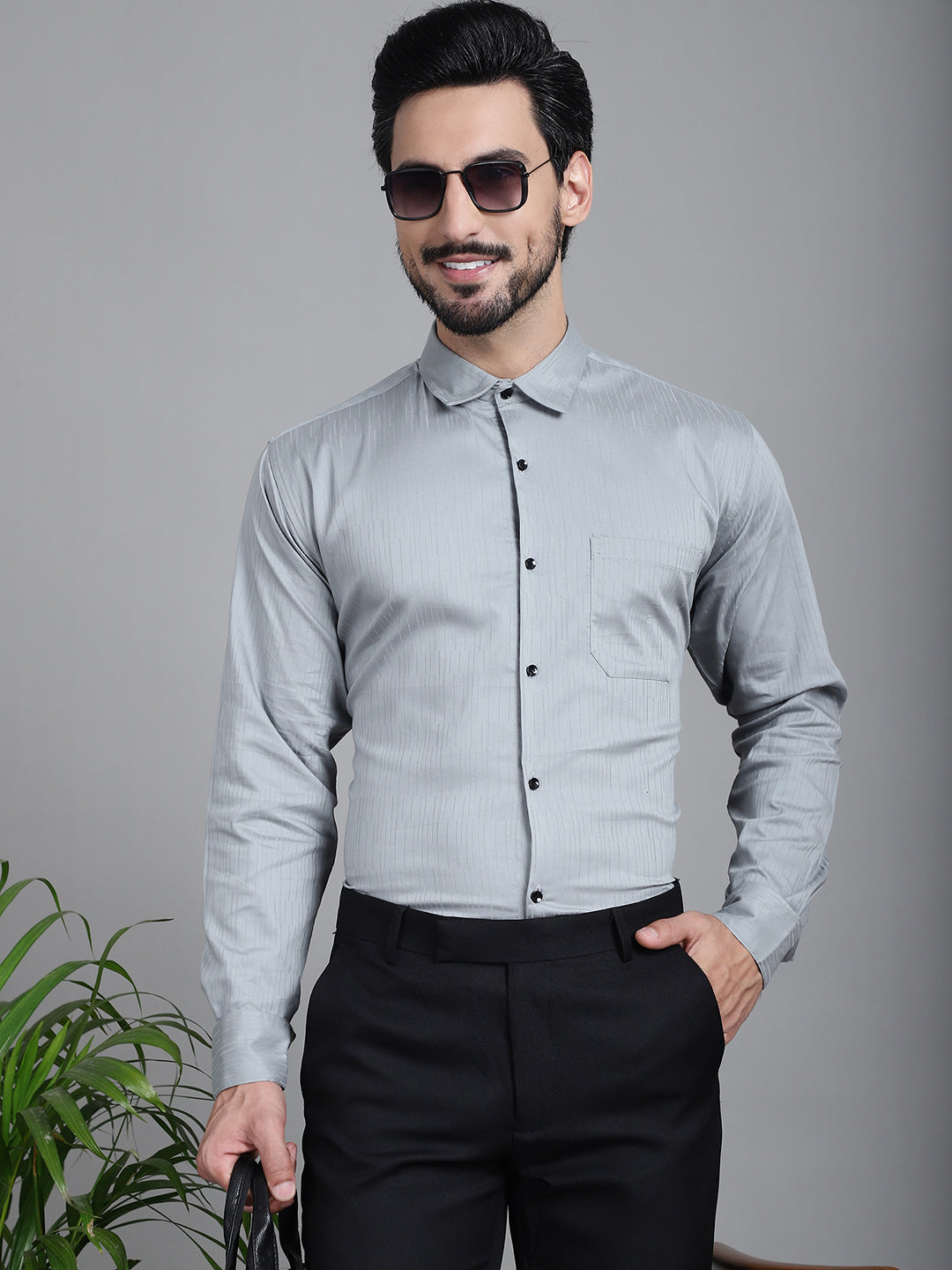 Indian Needle Men's Woven Design Formal Shirt - Steel-Grey - Distacart