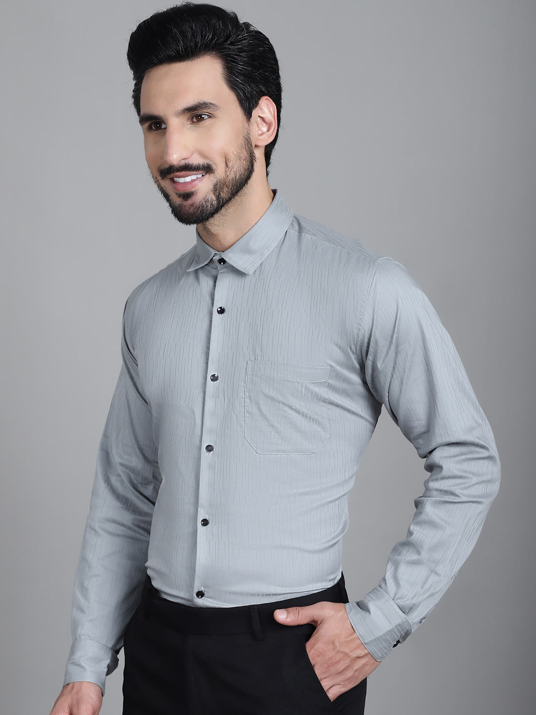 Indian Needle Men's Woven Design Formal Shirt - Steel-Grey - Distacart