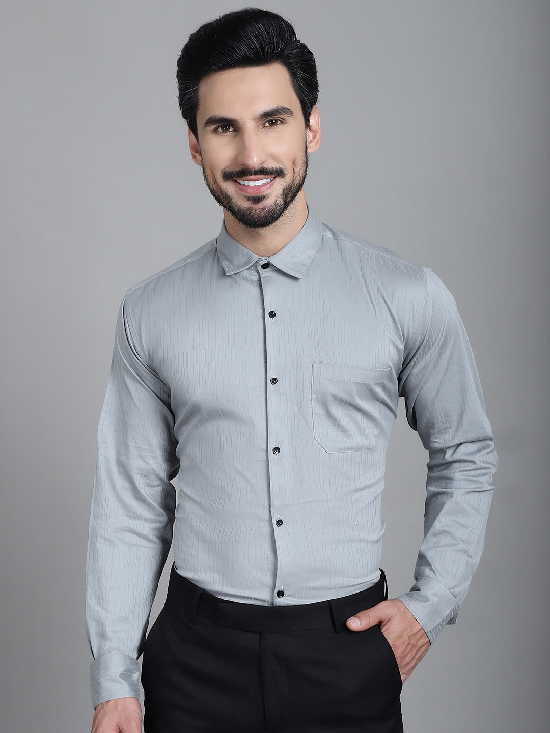 Indian Needle Men's Woven Design Formal Shirt - Steel-Grey - Distacart