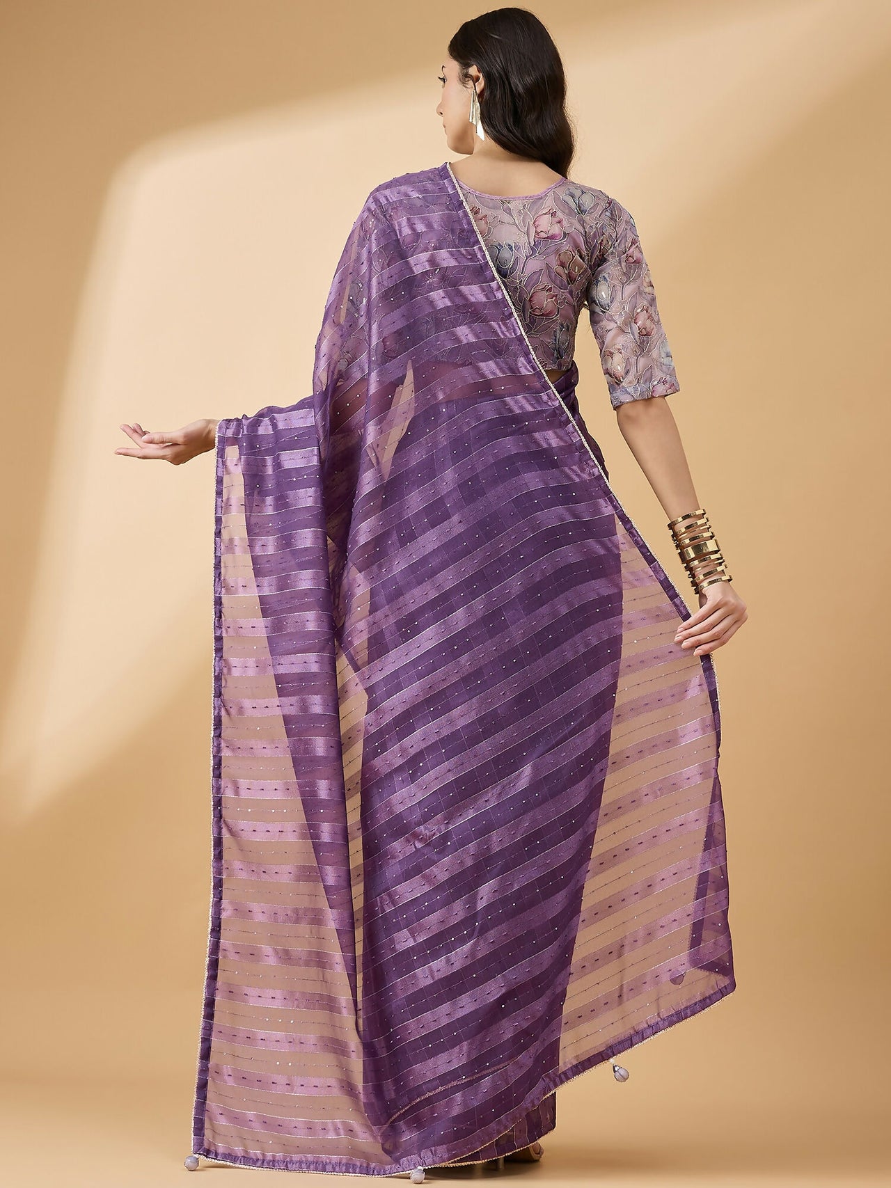 Purple Cotton Blend Sequence Work Saree with Stitched Blouse - Dharavi - Distacart