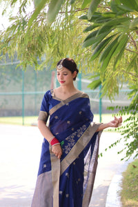 Thumbnail for Aastha Fashion Blue Thread Woven Cotton Silk Saree with Blouse - Distacart