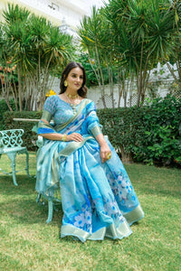 Thumbnail for Aastha Fashion Blue Digital Printed Cotton Saree with Blouse - Distacart