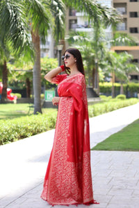 Thumbnail for Aastha Fashion Red Woven Handloom Raw Silk Saree with Blouse - Distacart