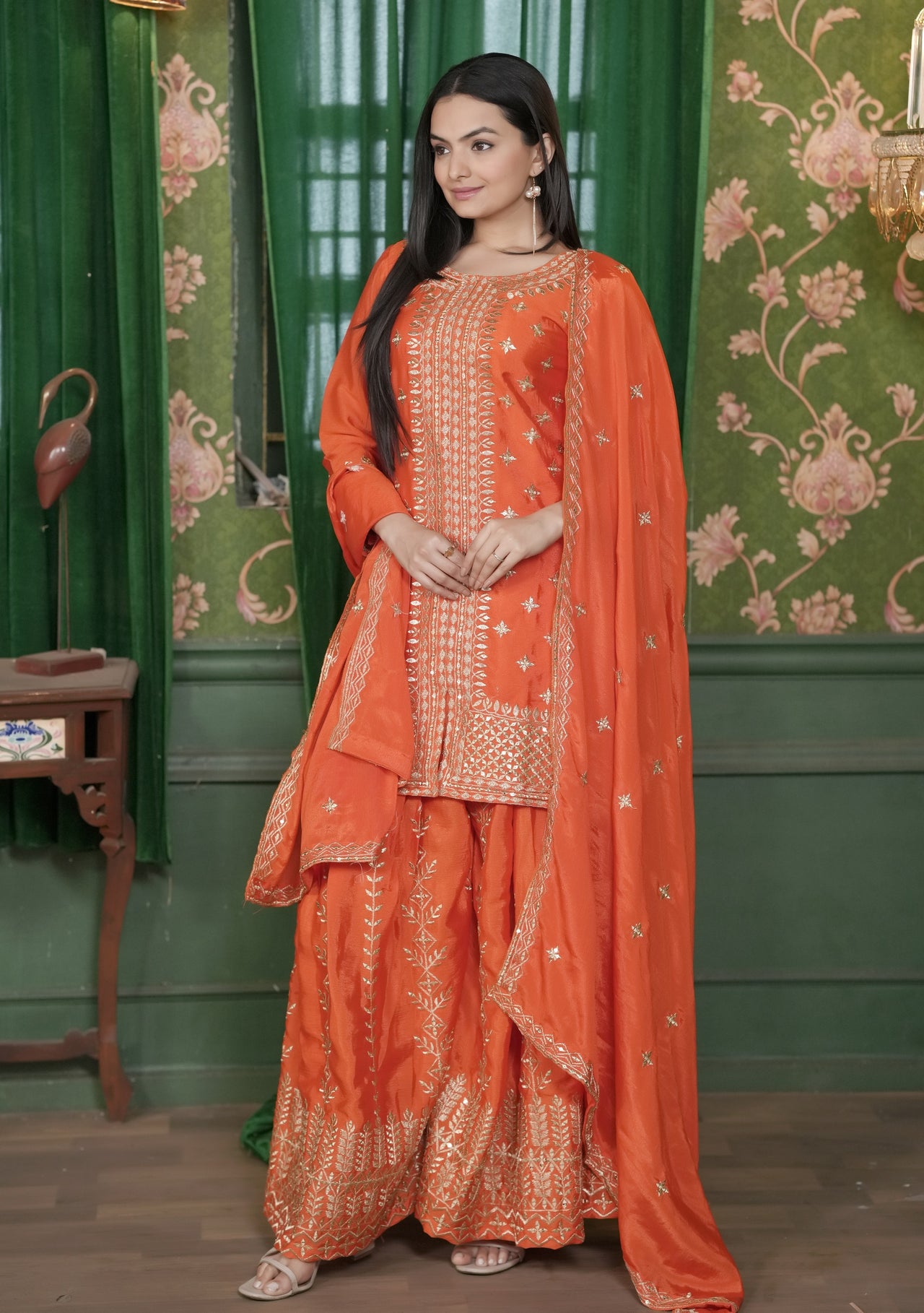 Lehenga Mart Designer Chinon Sharara Suit With Sequence Embroidered Work - Orange